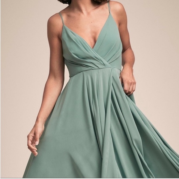 BHLDN Anthropologie Eva Maxi Dress Sage Moss Green Drape V-neck Gown Bridesmaid - Picture 2 of 13